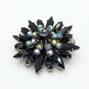 Vintage black glass and AB rhinestone starburst brooch pin